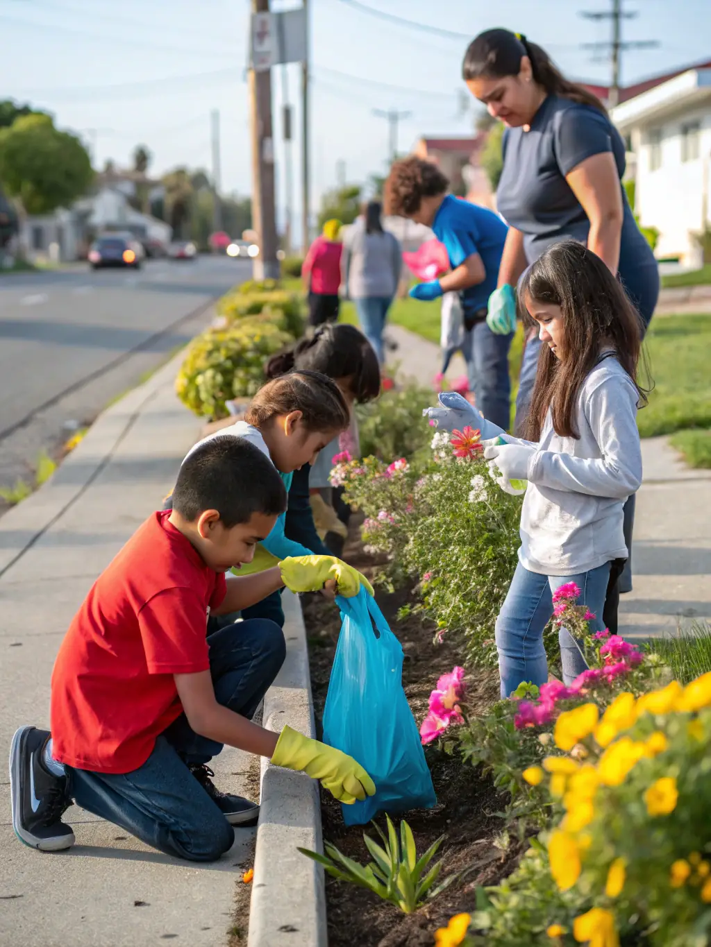 A diverse group of people participating in a community cleanup event near a historical site, showcasing DECOUVERTE CHEMINS ET PATRIMOINE's commitment to community engagement and preservation.