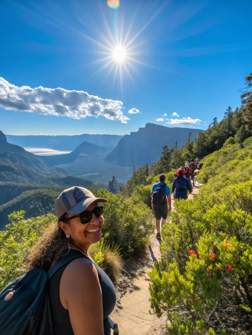Hikers walking along a scenic trail with views of mountains and historical ruins, accompanied by a guide pointing out features. The image represents the Nature and Heritage Hikes organized by DECOUVERTE CHEMINS ET PATRIMOINE.