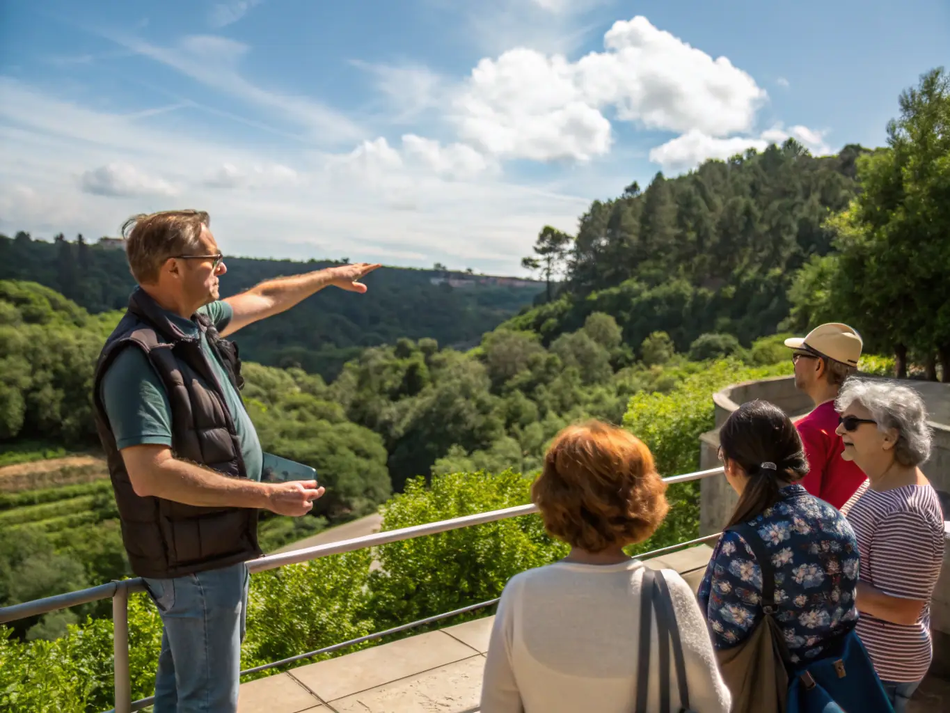 A group of tourists enthusiastically listening to a guide in front of an ancient stone bridge, with lush greenery in the background, showcasing a heritage guided tour.