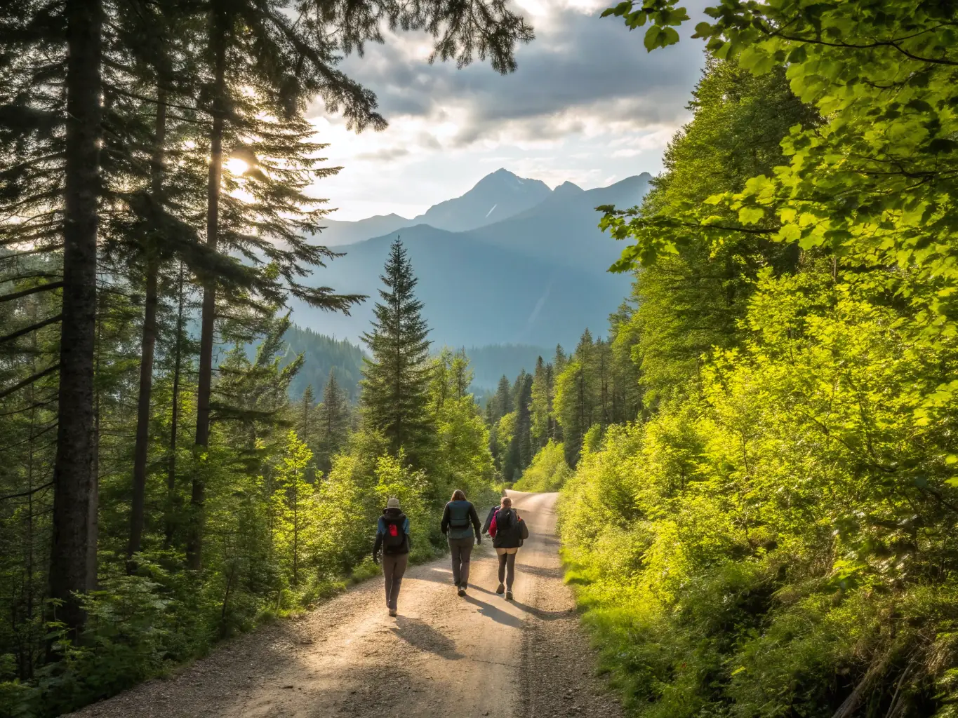 Hikers walking along a scenic trail with a mix of forest and historical landmarks, illustrating a nature and heritage hike.