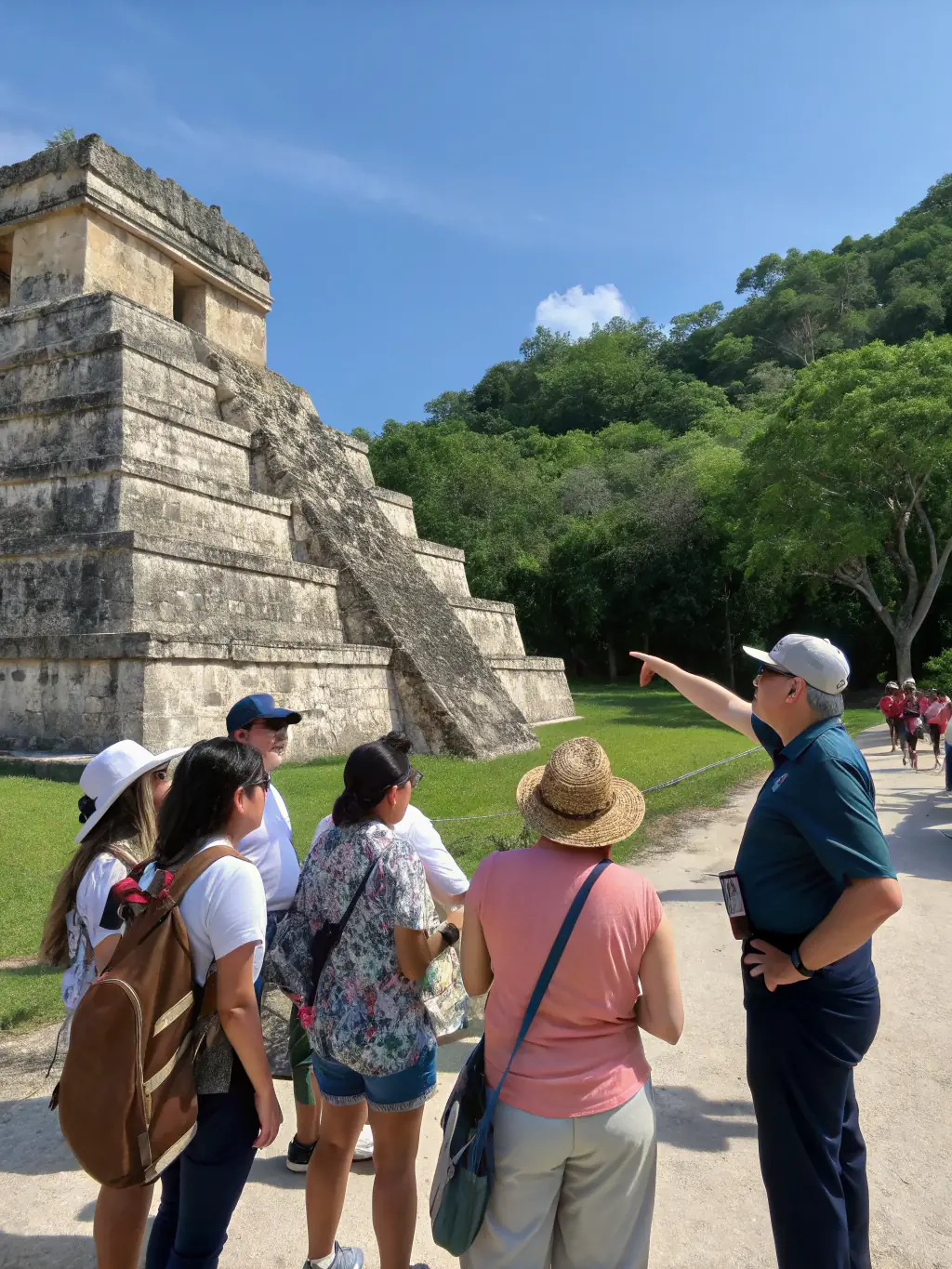 A group of visitors listening attentively to a guide in front of a historic monument, with lush scenery in the background. The image represents the Heritage Guided Tours offered by DECOUVERTE CHEMINS ET PATRIMOINE.